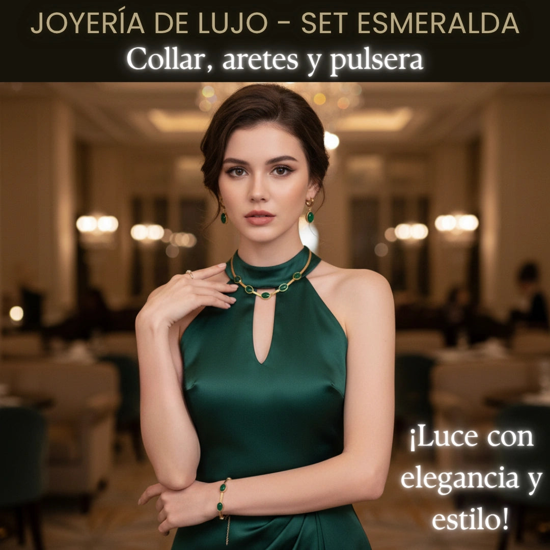 ¡JOYERIA DE LUJO! SET ESMERALDA (COLLAR, PULSERA Y ARETES)