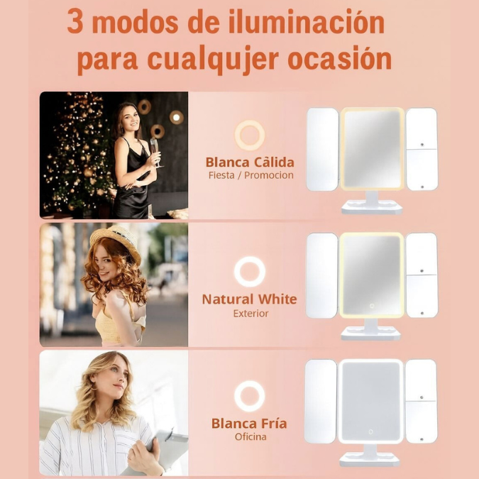 Espejo plegable LED táctil | ¡Luz perfecta para un maquillaje perfecto!